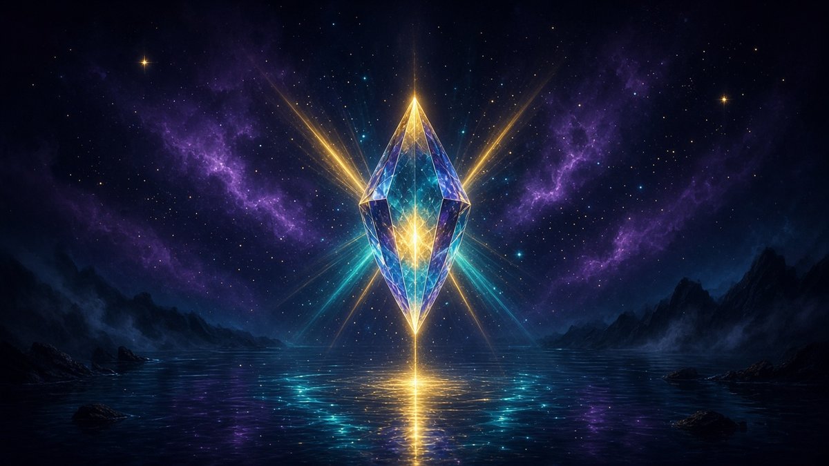 Crystal glowing above still water — Codex Lumina sacred visual