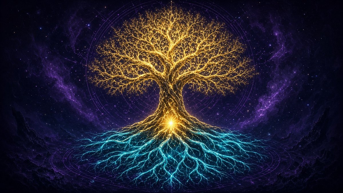 Glowing tree of life in gold and cyan