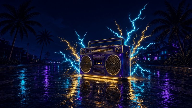 Boombox glowing on a lightning-lit island street at night